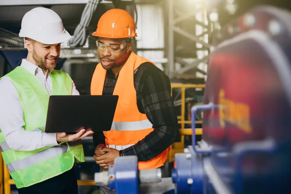 Two tradespeople reviewing an invoice on a laptop at a job site